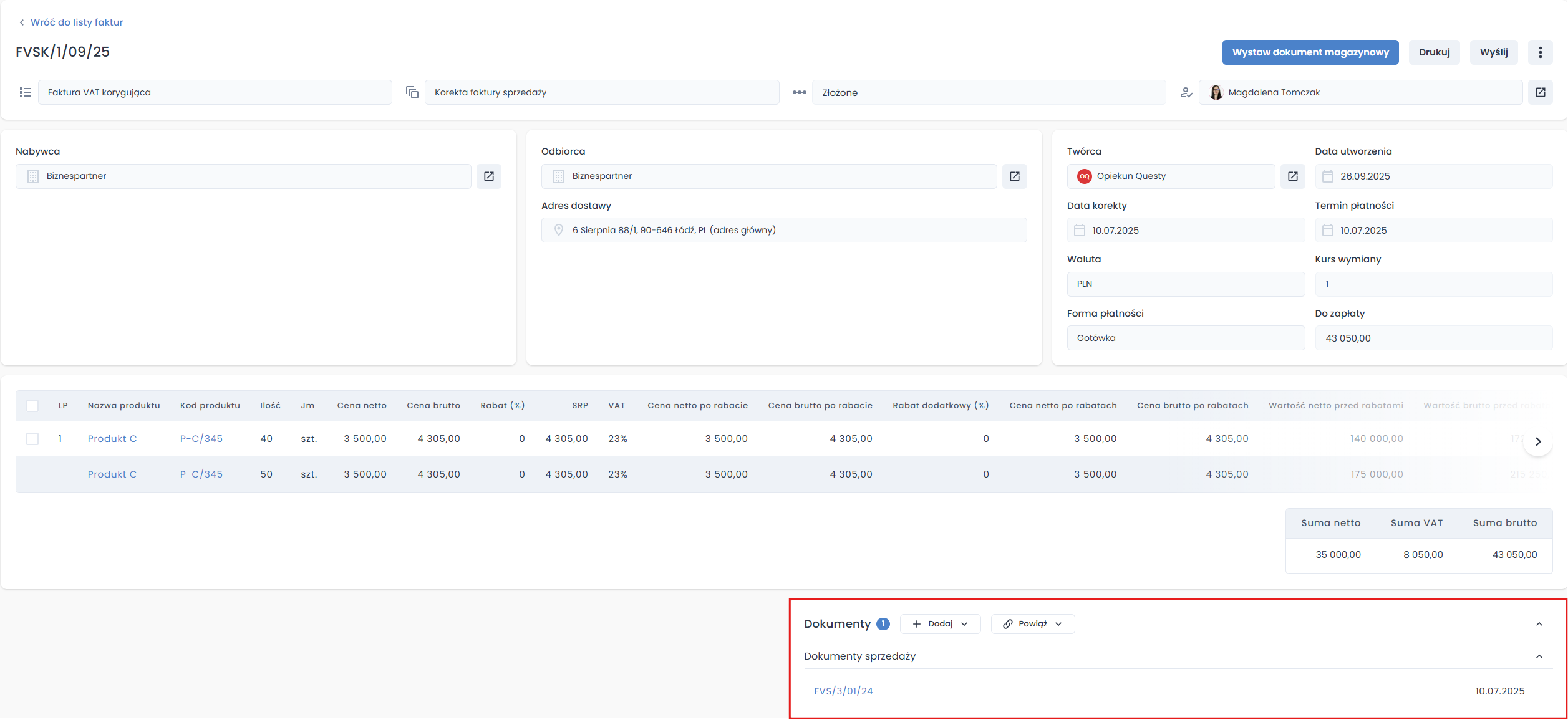 Wiązanie dokumnetu korekty